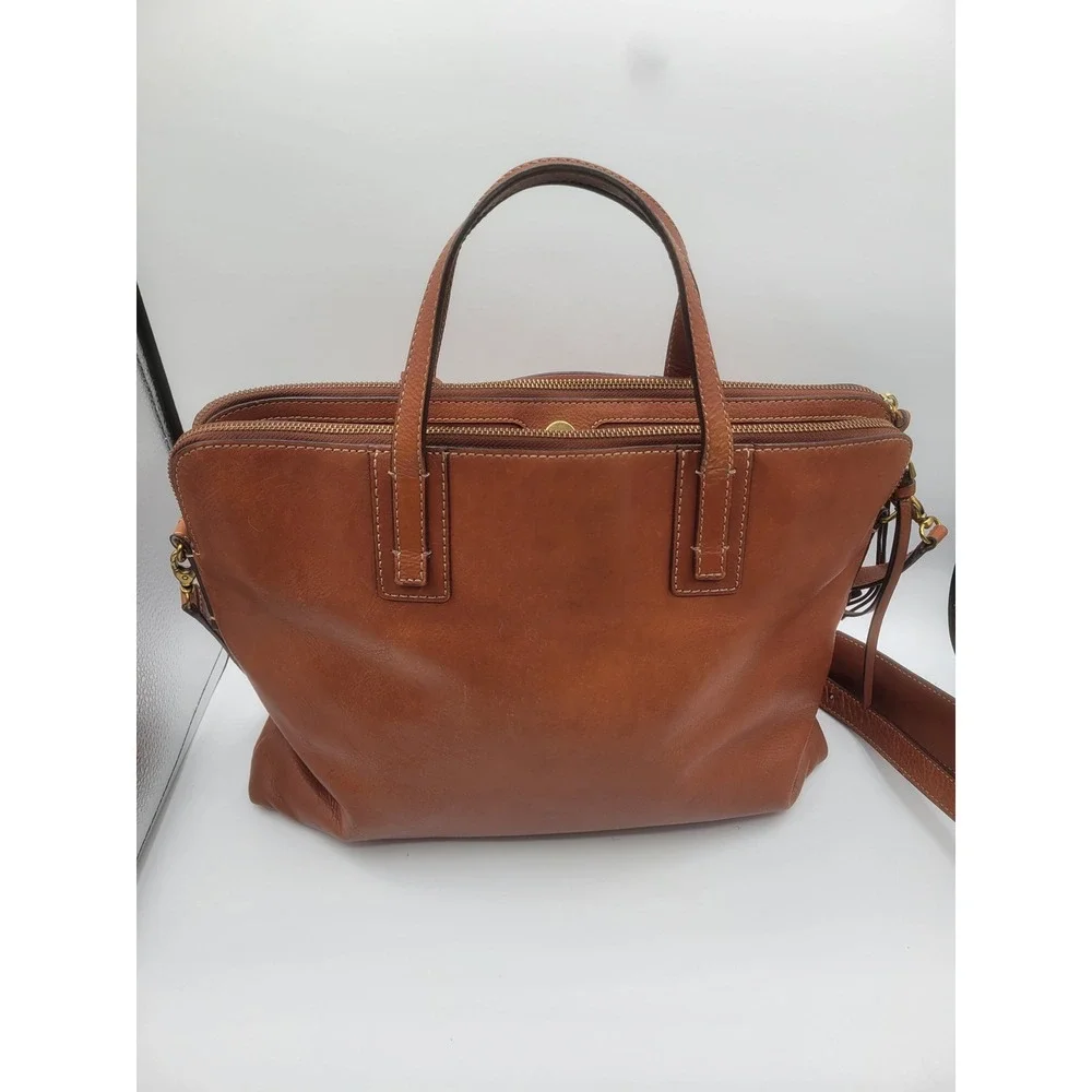 Fossil Rachel Satchel Brown Leather Triple Compartment Crossbody Laptop Bag